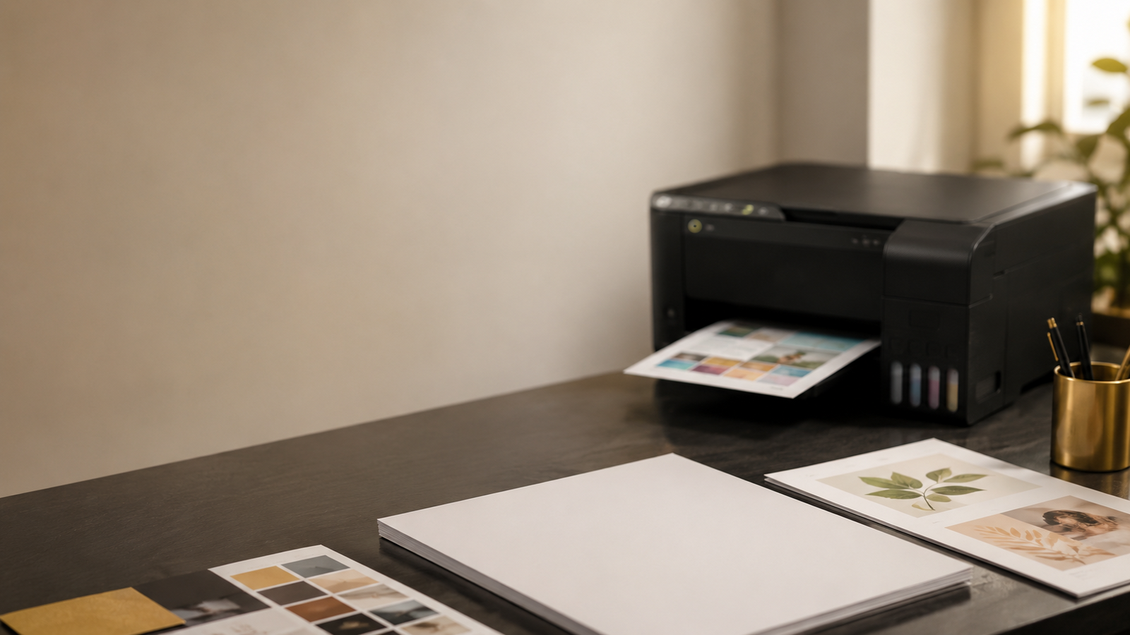 Impressora multifuncional ao fundo em uma composição de serviços de xerox, impressão e digitalização da Kazateliê.