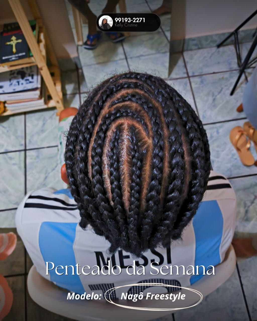 Vista superior de cabeça com tranças nagô em desenho freestyle, com linhas curvas partindo do topo