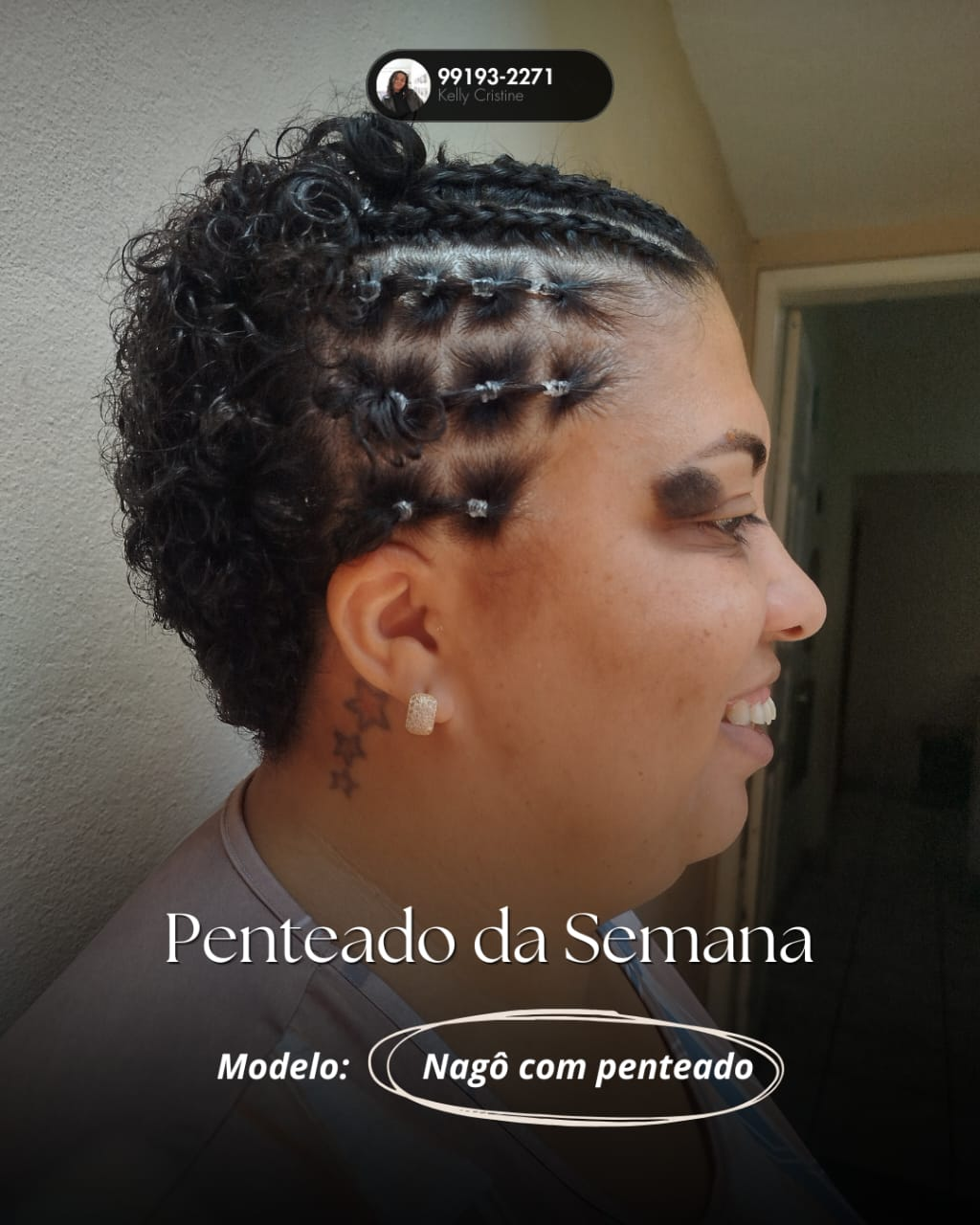 Tranças nagô finalizadas com penteado em trabalho realizado na Kazateliê