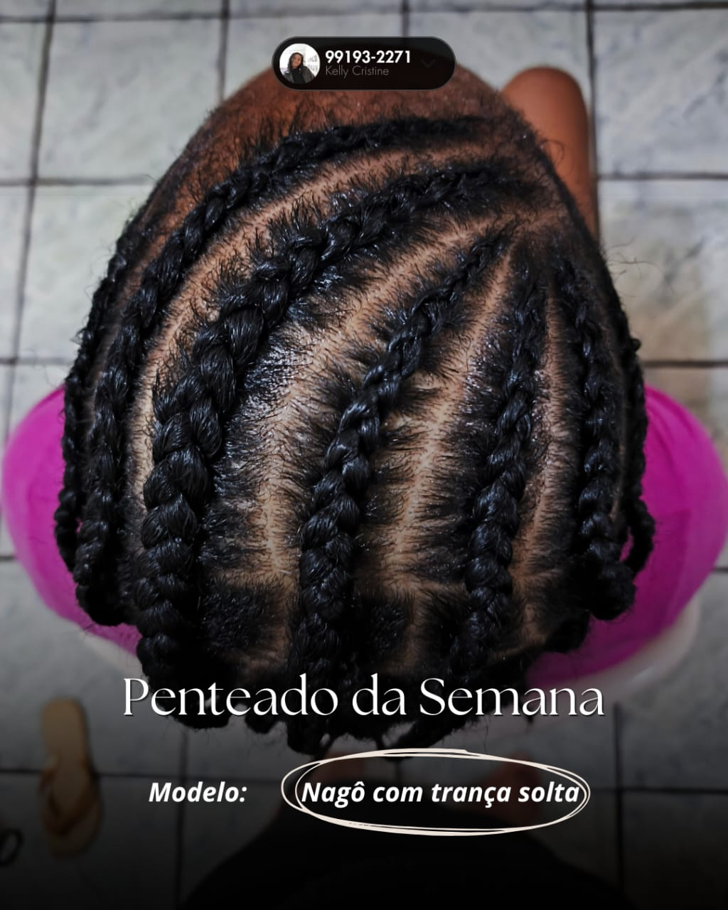 Vista superior de tranças nagô com pontas soltas em cabelo escuro