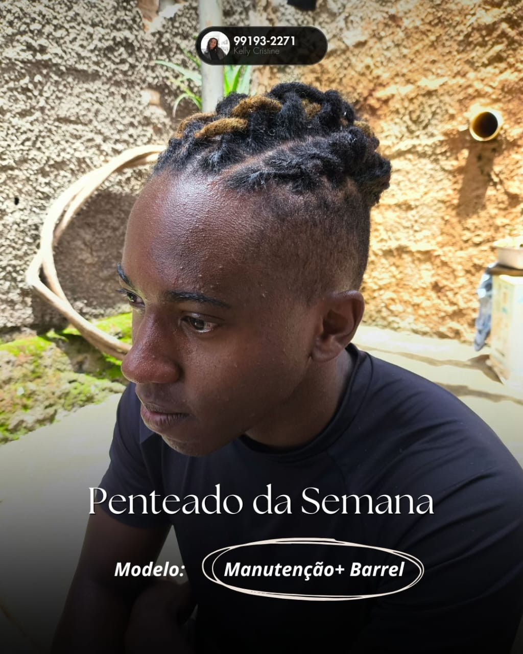 Perfil de pessoa com manutenção de tranças e acabamento barrel no topo da cabeça